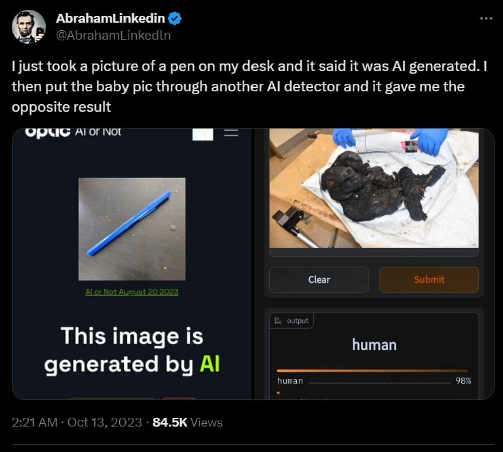 One user claimed that the image of a pen on his desk was detected as being AI-generated (Image via X)