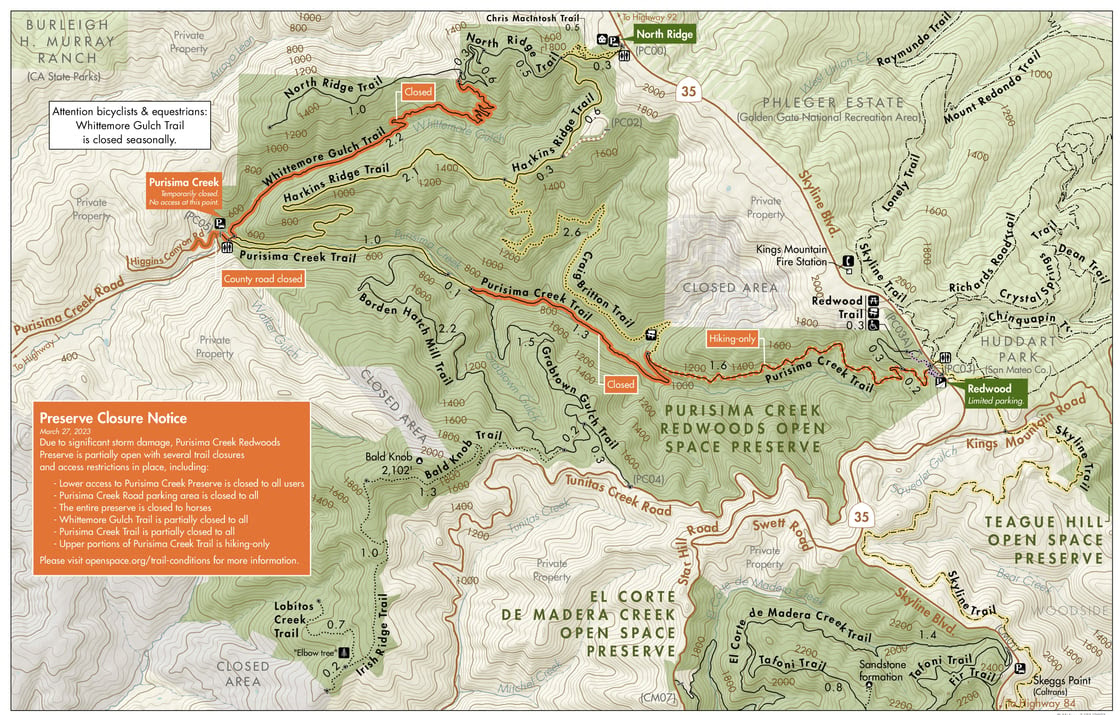 Purisima Creek Redwoods Closure Map