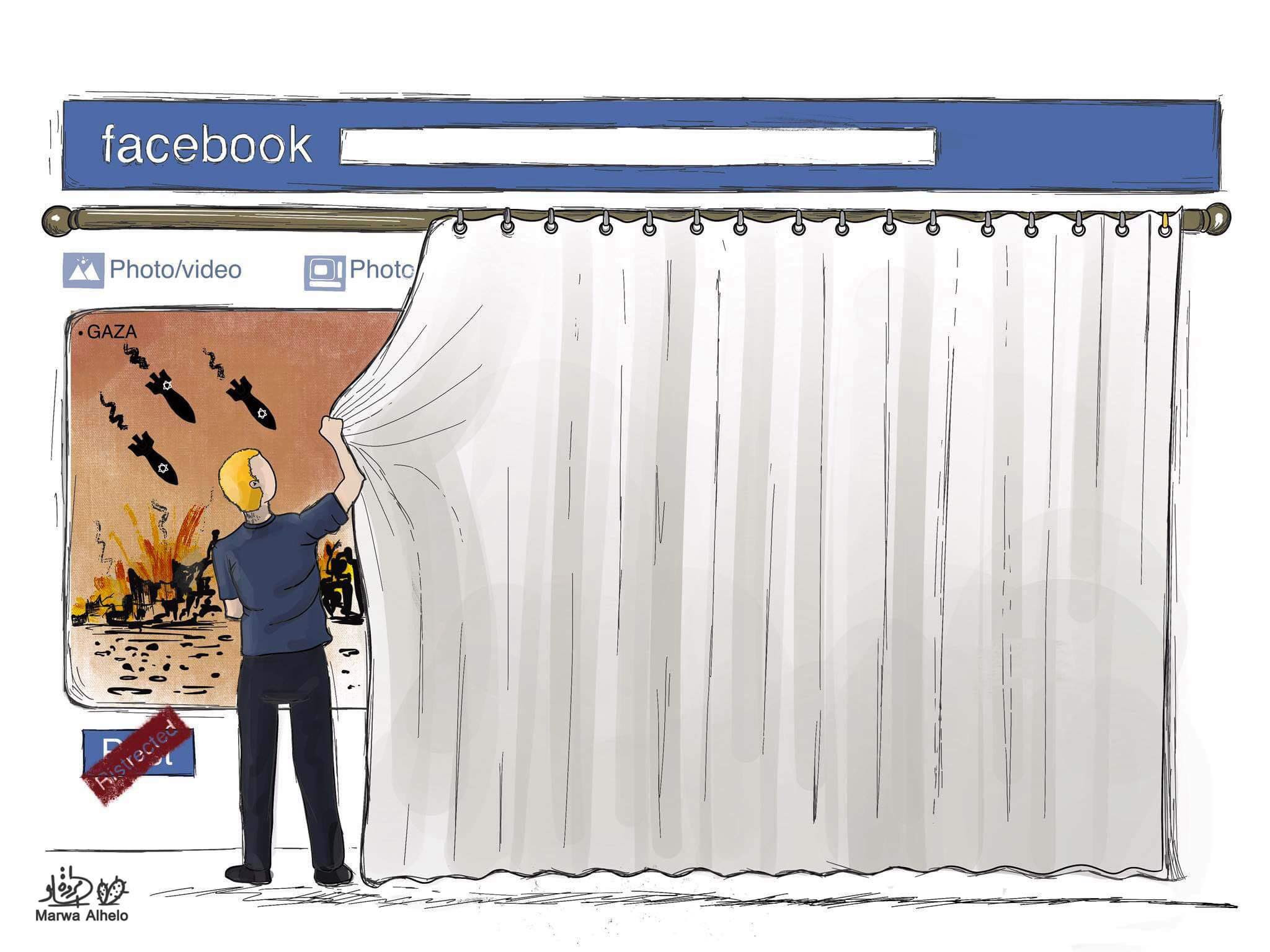 Un dessin d’un artiste palestinien vivant à Gaza sur les allégations de censure des réseaux sociaux sur fond de bombardement israélien (document fourni/Marwa Alhelo)