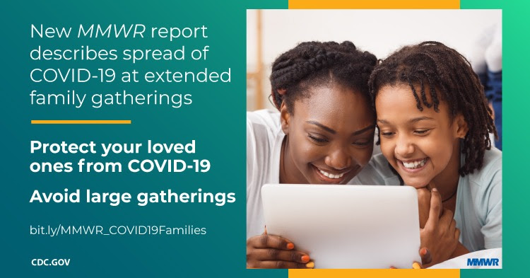 The figure is a photo of a parent and child chatting with someone via webcam with text about a new MMWR report that describes the spread of COVID-19 at extended family gatherings.