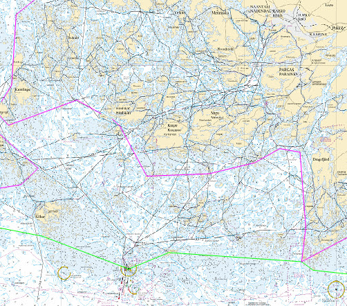 Åbolands skärgård illustrerar de trånga farvatten som är karakteristiska för stora delar av den finska sydkusten. Källa: Finlex 15.03.2010 TRAFI/7106/03.04.01.00/2010 / Sjöfartsverkets sjökort