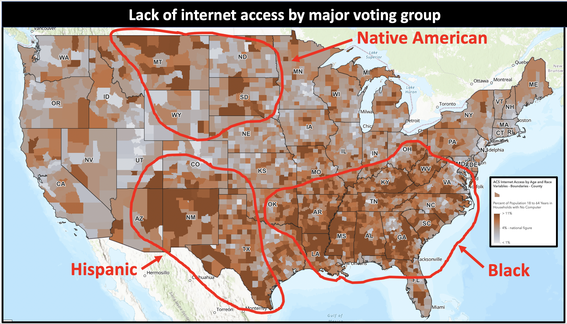 Many Black, Brown and Indigenous voters are disenfranchised by denying them access to the internet where they can get information on how to vote.