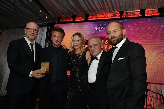 Paul Haggis, Sean Penn, Maria Bello, Mr. Pascal Raffy and David Belle at the Bovet 1822 Artists for Peace and Justice 2016 Festival Fair 