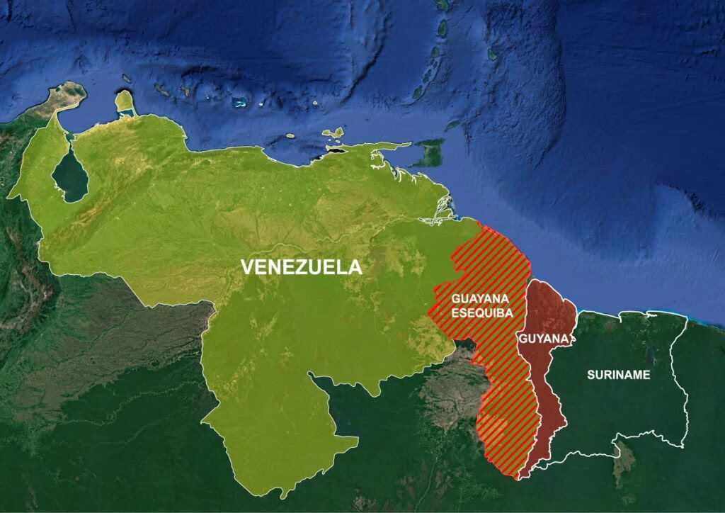A satellite map showing the Essequibo Region, striped, at the centre of the current border dispute between Guyana and Venezueala. IMAGE FROM COMMONS.WIKIMEDIA.ORG -