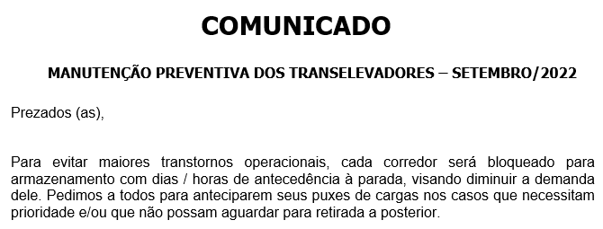 COMUNICADO - MANUTENÇÃO PREVENTIVA