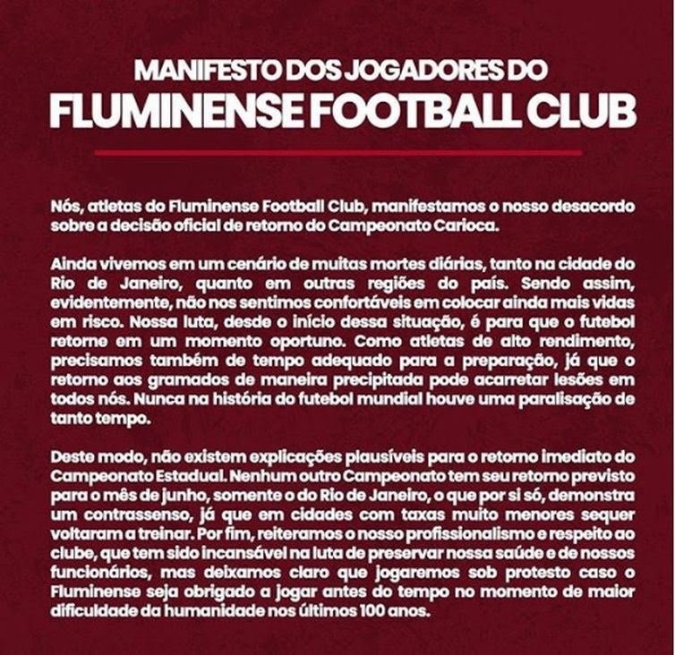 reprodução / Instagram O atacante Fred publicou no instagram um manifesto contrário à volta do futebol no Rio de Janeiro