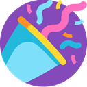 An illustration of a blue party popper shooting confetti against a purple background.