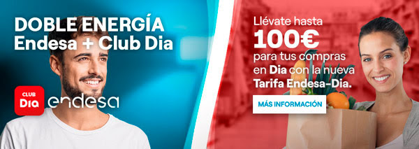 Doble energía Endesa + CLUB Dia Llevate hasta 100€ para tus compras en Dia con la nueva Tarifa Endesa Dia. Más información