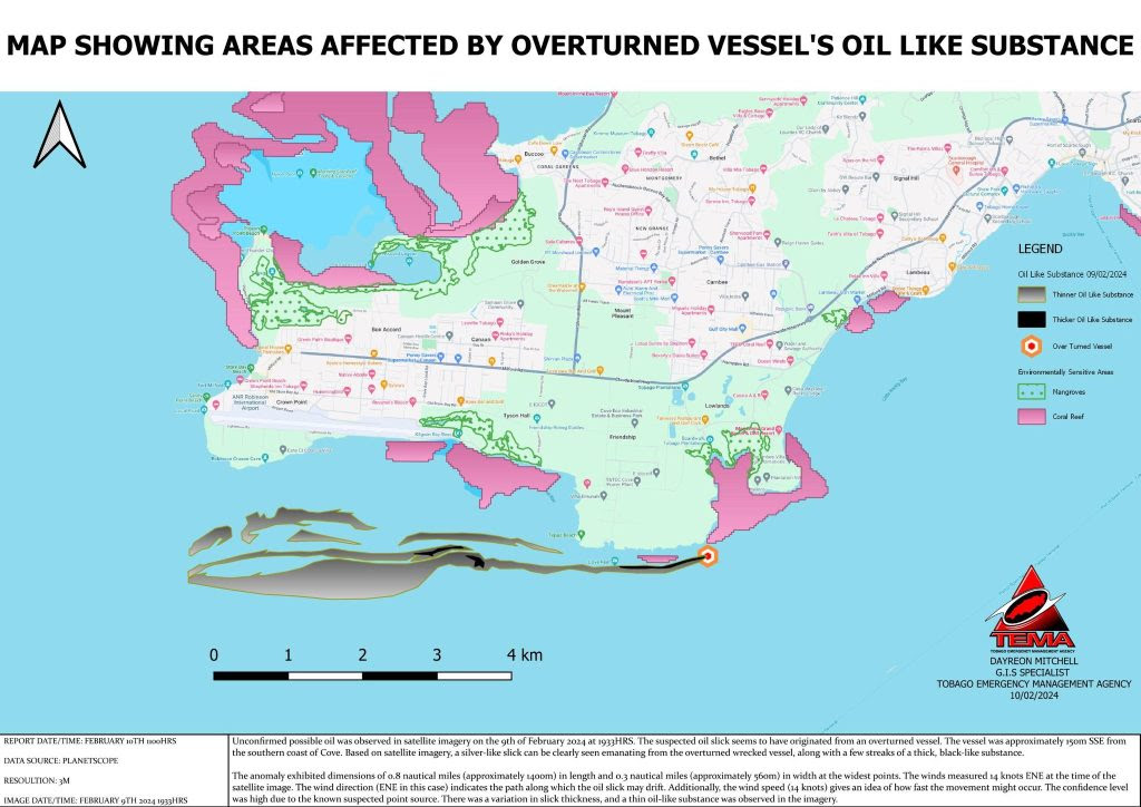 map showing the oil spill in Tobago
