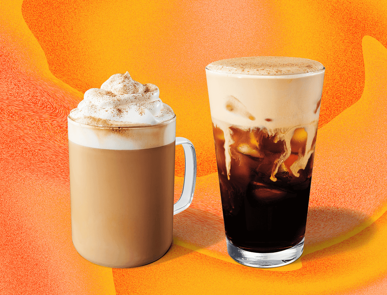 A coffee drink with whip cream topping in a clear mug beside a marbled coffee drink in a tall, clear glass.