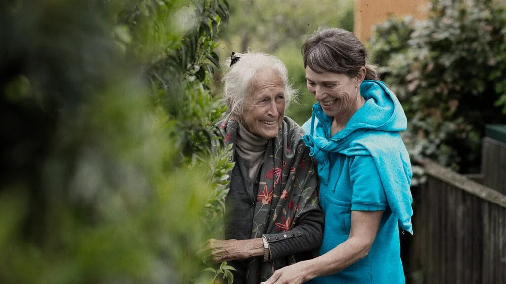 Older adult in a park with a friend