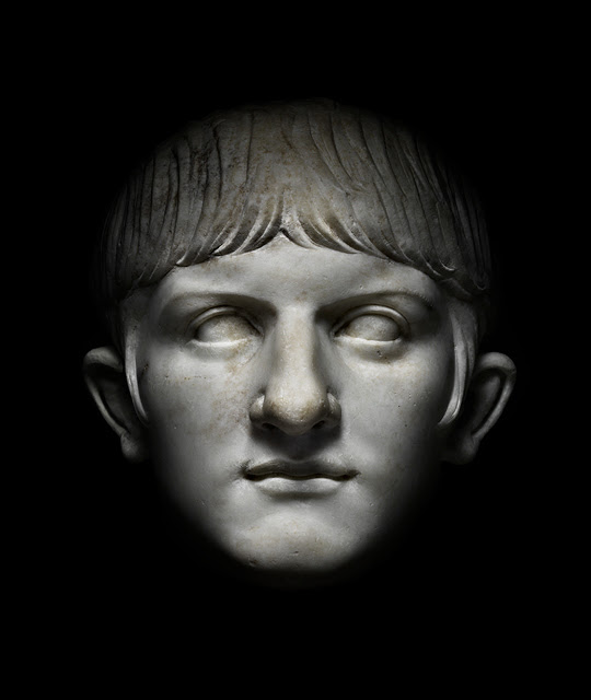 A black and white photograph of a bust of the emperor Nerohe 