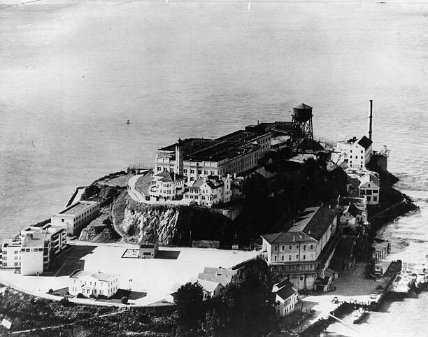 7th April 1965:  12 acre Alcatraz, an island prison off the coast of San Francisco. Now unused while the US government decides its future.    (Photo by Alan Band/Fox Photos/Getty Images)