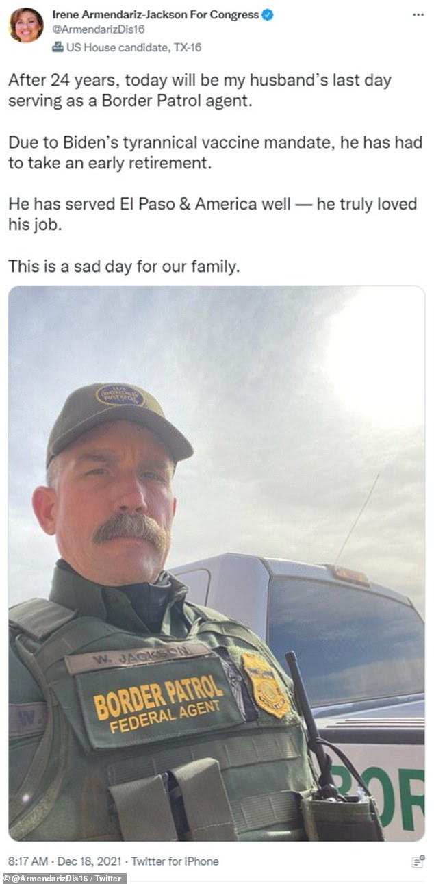Armndariz-Jackson's husband was a border patrol agent for 24 years before he took early retireement when the vaccine mandate was implemented for all federal employees