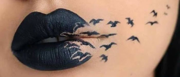 beautiful painted lips, flock of birds, lipstick