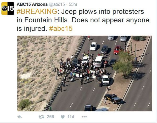 Trump protesters block highway to Phoenix rally-THEN CAME THE TOW TRUCKS Trump-protesters-Tweet-2-3-19-16