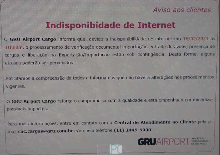 COMUNICADO GRU AIRPORT - Indisponibilidade de Inte