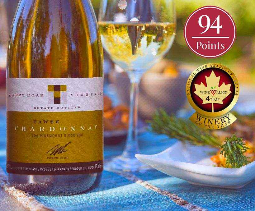 Bottle of Quarry Road Chardonnay VQA by Tawse Winery 2016 in front of a glass of white wine with the text "94 points" and a seal with "4 Time Winery of the Year" 
