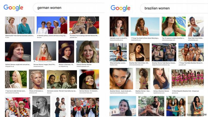 Amostra das imagens do Google da busca em inglês para alemãs (esq.) e brasileiras