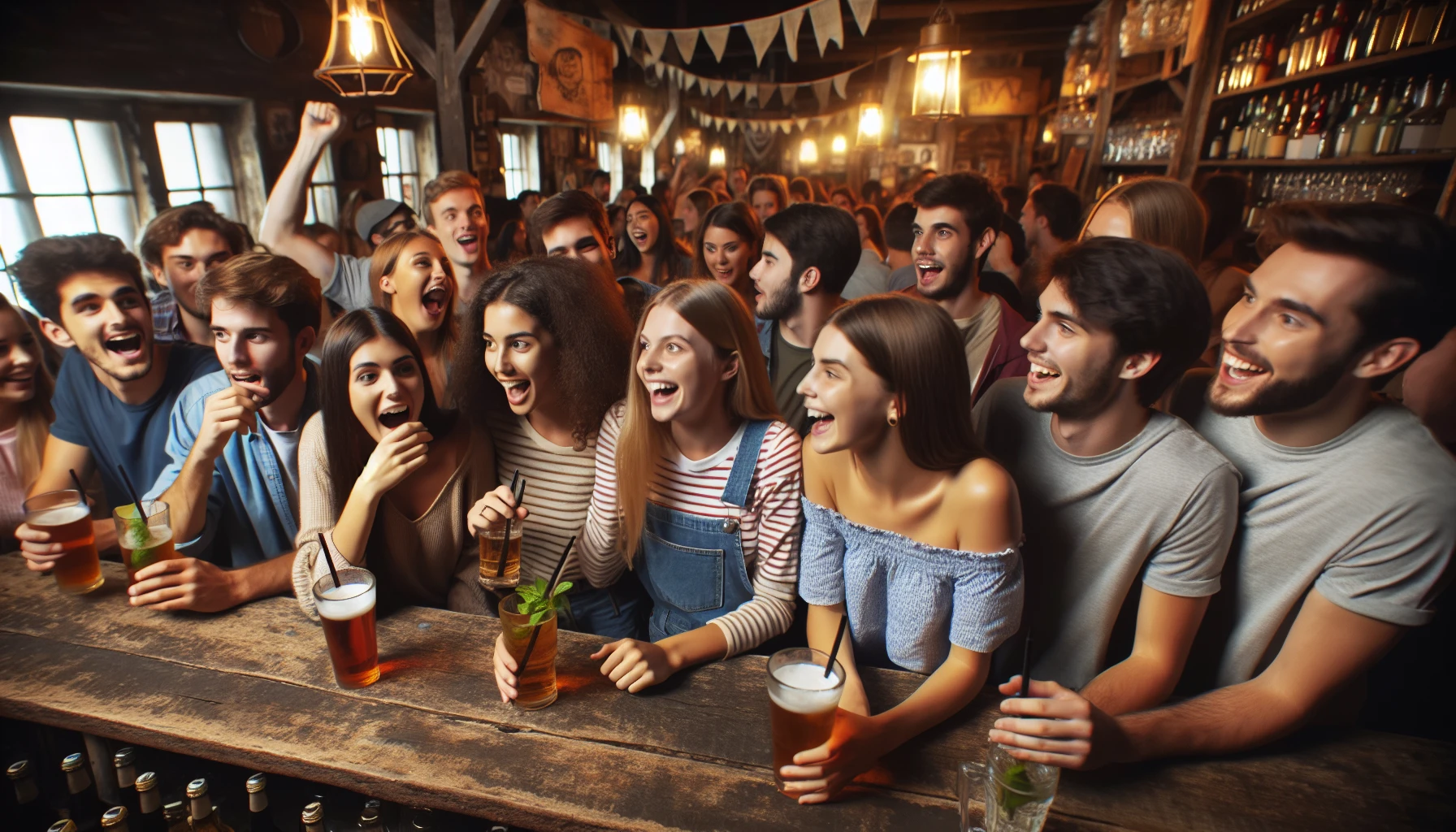 A group of college students socializing at a bar with alcoholic beverages