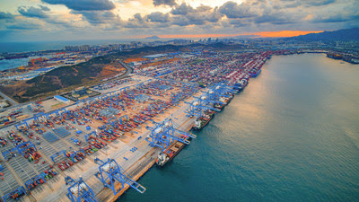 An aerial view of unmanned automated dock at Qingdao Port An aerial view of unmanned automated dock at Qingdao Port