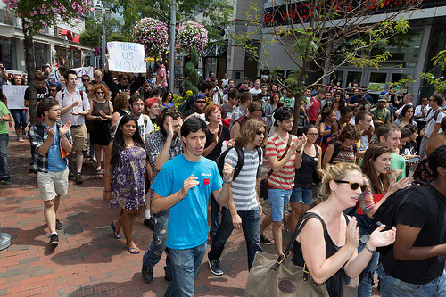 crowd of students marching in columbus