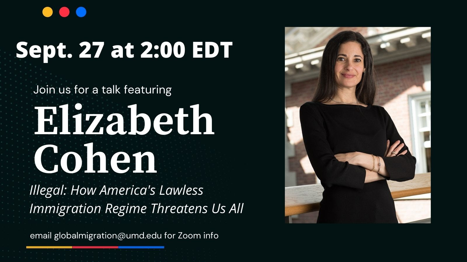 Event details are repeated with a photo of Elizabeth Cohen in black with crossed arms 