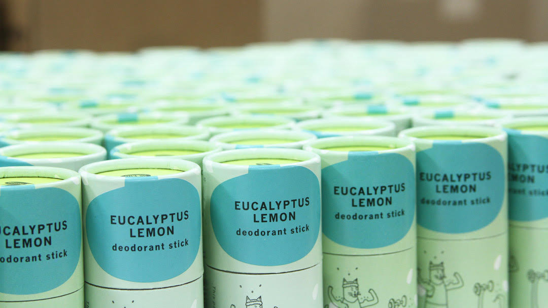 Rows of Meow Meow Tweet's Eucalyptus Lemon deodorant sticks.