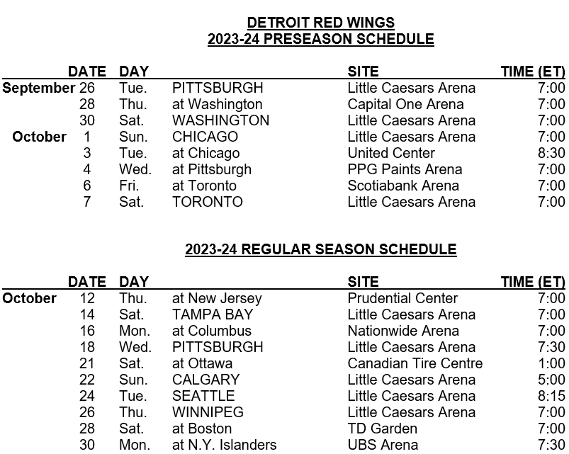 Red Wings release 2023-24 regular-season schedule