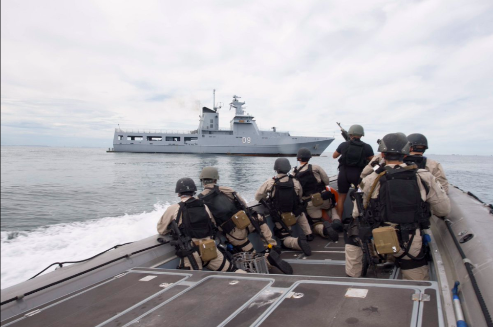 But the key to the US's success in far away waters is allies. The US doesn't do anything alone, if you're noticing a pattern here. Here US and Royal Brueni Navy sailors practice boarding a ship.