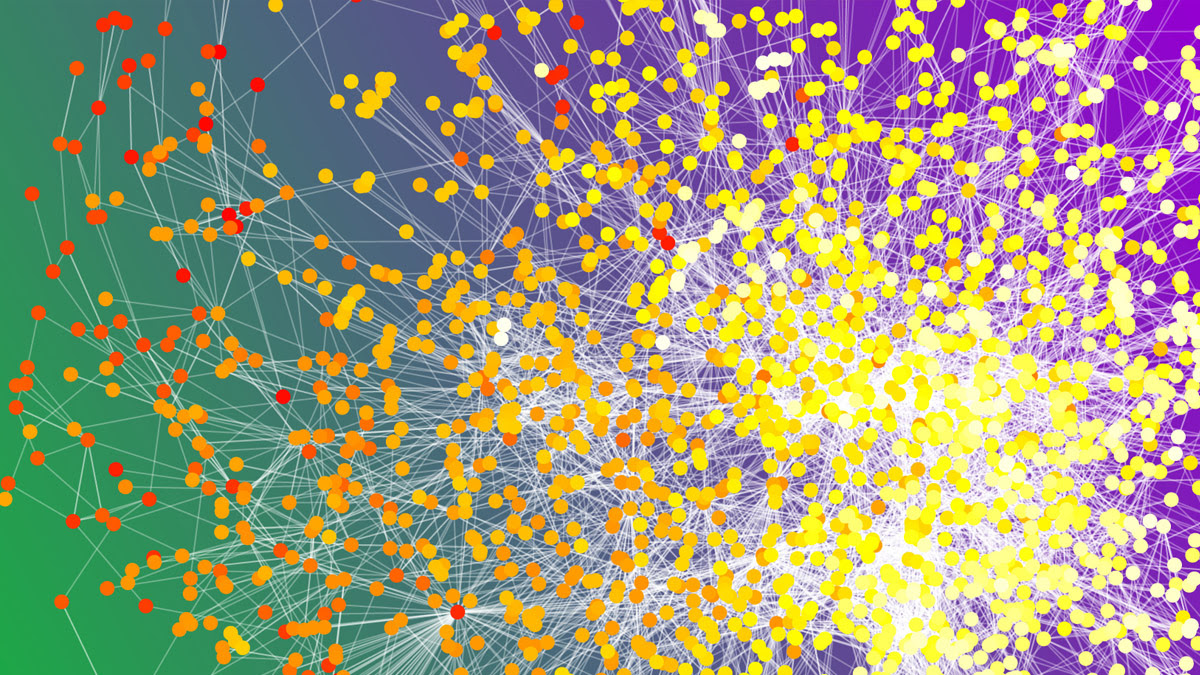This image depicts a chemotherapy ward co-presence network. Circles are patients with color based on when they began chemotherapy (white corresponds to January, 2000, and red corresponds to December, 2008). Patients are connected when they were both in the chemotherapy ward at the same time more than expected by chance.