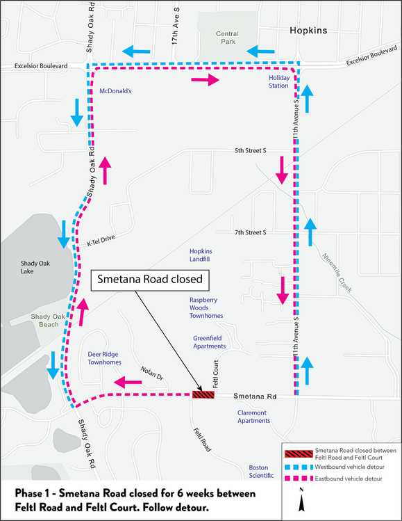 Smetana Rd. in Minnetonka and Hopkins Detour Map