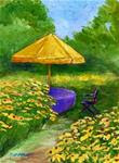 ORIGINAL PAINTING OF GARDEN WITH YELLOW UMBRELLA - Posted on Monday, April 6, 2015 by Sue Furrow