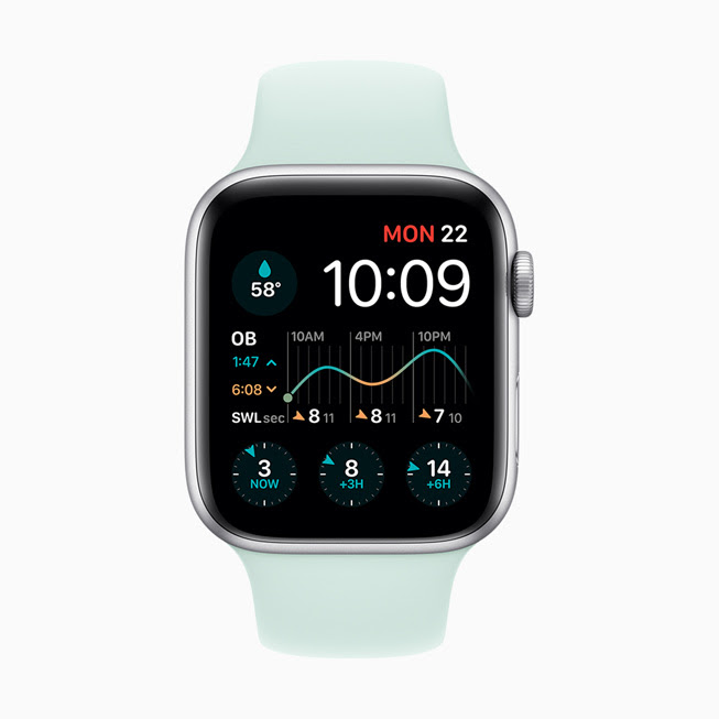 Apple Watch Series 5 螢幕中顯⽰的 Dawn Patrol app。