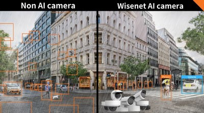 Comparison between non AI camera (Left) and Wisenet X series AI camera (Right). Wisenet X series AI cameras detect only meaningful objects in the scene where as non AI cameras simply detect every movement in the scene