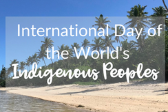 Image shows a beach in the Pacific. Text reads 'International Day of the World's Indigenous Peoples.'