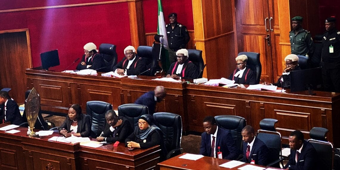 Judges begin inaugural sitting at Nigeria's Presidential Election Petition. [PHOTO CREDIT: Twitter handle of the Court of Appeal | @NGCourtofAppeal]