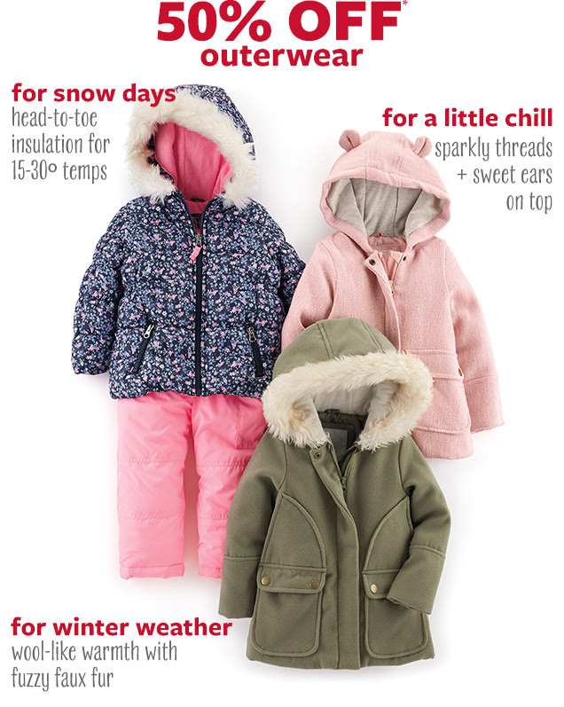 50% off* outerwear | For snow days head-to-toe insulation for 15-30° temps | For a little chill sparkly threads + sweet ears on top | For winter weather wool-like warmth with fuzzy faux fur