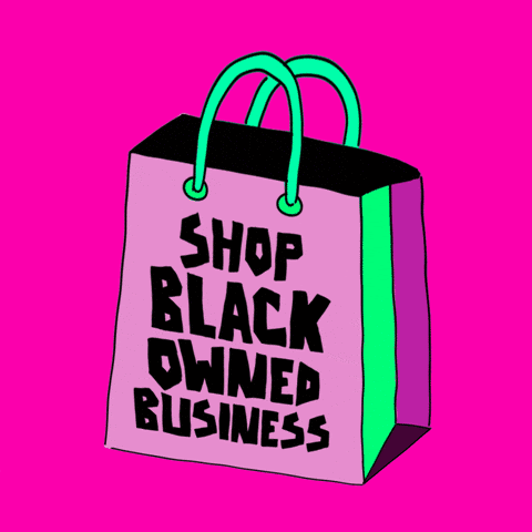 GIF of a shopping bag. "Shop Black owned business" is written on top
