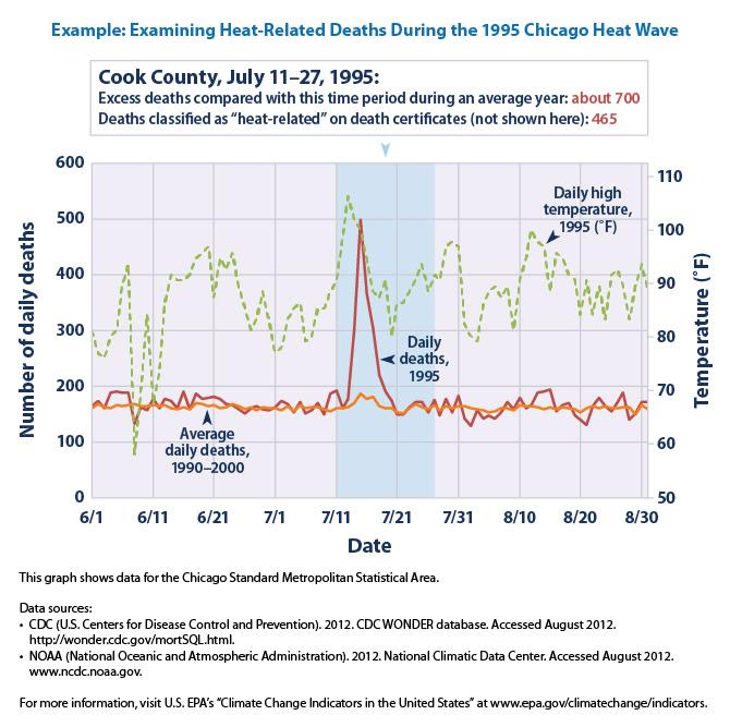 Line graph showing the average daily deaths, actual daily deaths in 1995, and the daily high temperature for the Chicago Standard Metropolitan Statistical area over the summer of 1995.