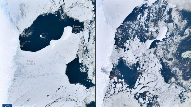Satélite europeu mostra colapso de plataforma de gelo na Antártida