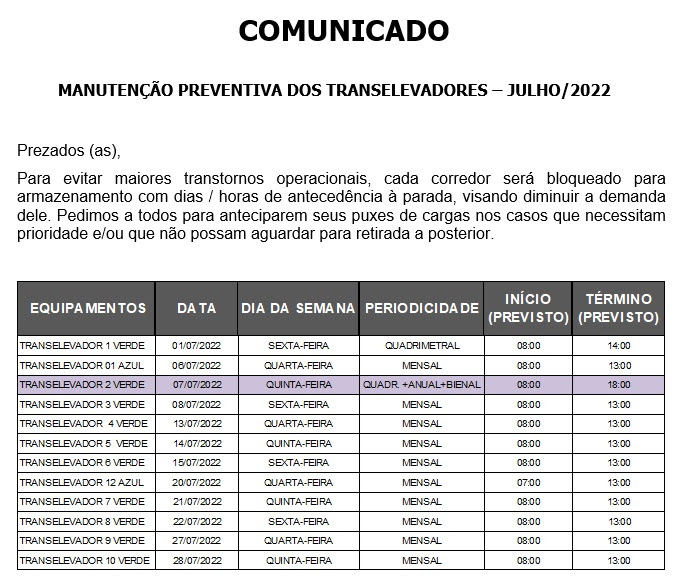 COMUNICADO MANUTENÇÃO DOS TRANSELEVADORES