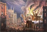 View of the front of the Palace of Westminster on fire, seen from Abingdon Street. Crowds—seen at the bottom of the image—are being held back by soldiers, while firemen can be seen tackling the blaze