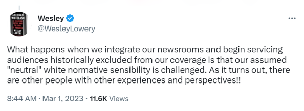 What happens when we integrate our newsrooms and begin servicing audiences historically excluded from our coverage is that our assumed "neutral" white normative sensibility is challenged. As it turns out, there are other people with other experiences and perspectives!!