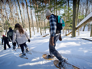 group of people snowshoe hiking through forest