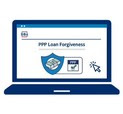 Illustration of a laptop with text that includes, PPP Forgiveness Portal