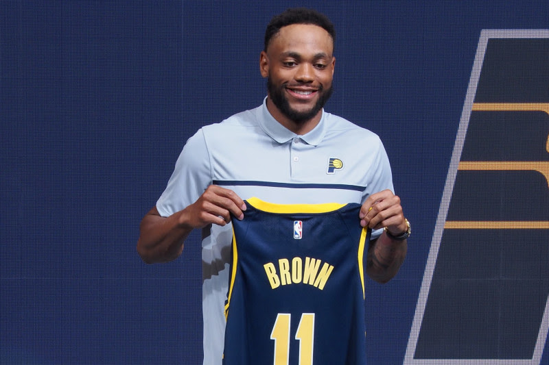 INDIANAPOLIS, IN - JULY 6: Bruce Brown poses for a photo after being signed by the Pacers in free agency on July 6, 2023 at Gainbridge Fieldhouse in Indianapolis, Indiana. NOTE TO USER: User expressly acknowledges and agrees that, by downloading and or using this Photograph, user is consenting to the terms and conditions of the Getty Images License Agreement. Mandatory Copyright Notice: Copyright 2023 NBAE (Photo by Ron Hoskins/NBAE via Getty Images)