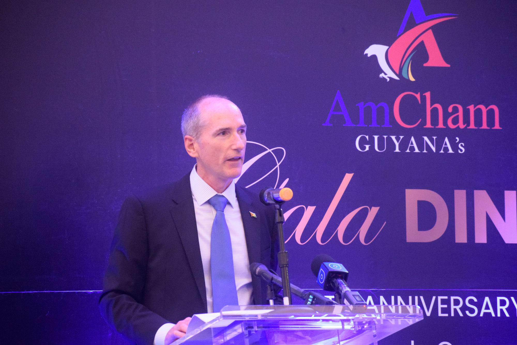 ExxonMobil Guyana President, Alistair Routledge delivering remarks at the AmCham Guyana Anniversary