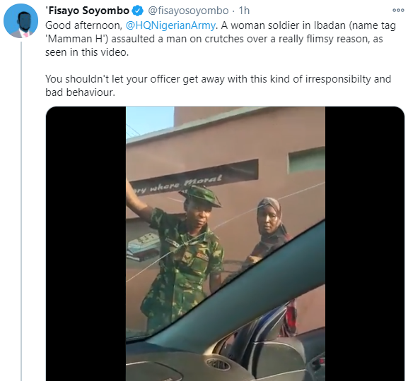 Physically-challenged Nigerian man accuses female soldier of assaulting him in Ibadan (photos/Video)