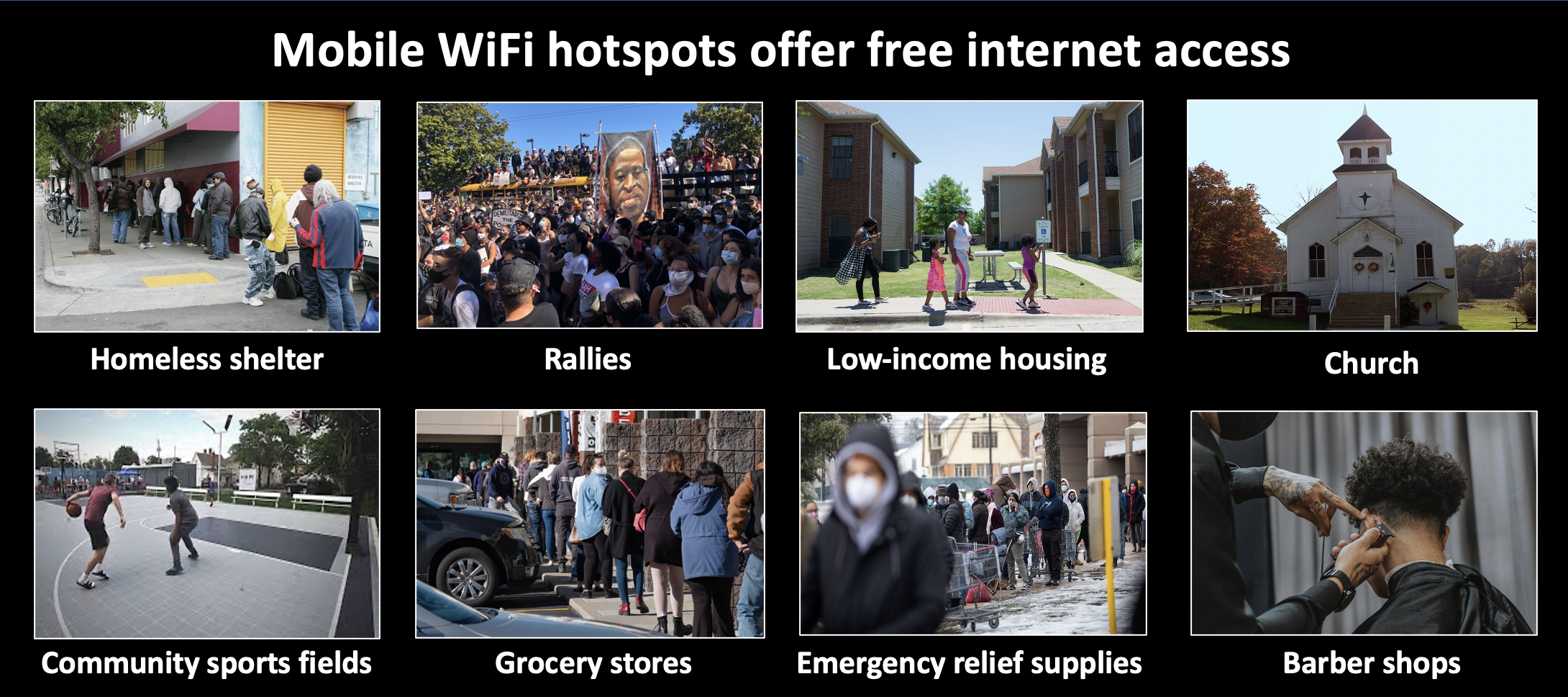 Mobile WiFi hotspots provide free internet access in low income communities and help build contact lists at the same time.